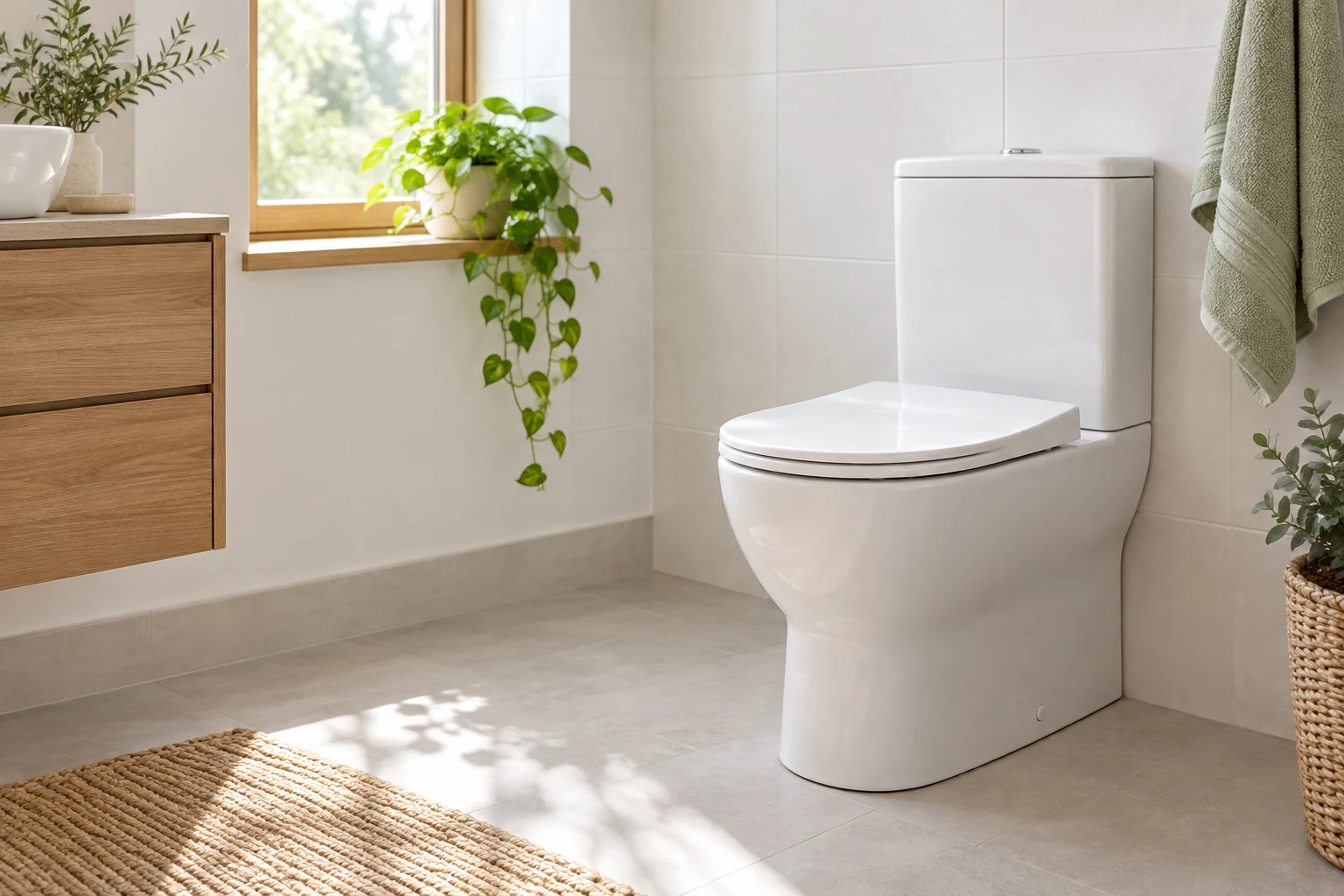 Biała ceramiczna toaleta w jasnej łazience z naturalnym światłem